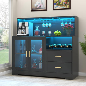 Wine Bar Cabinet with LED Light, Wine & Glass Rack, Storage & Drawers, Black