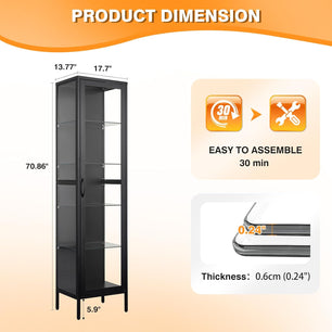 Black Metal Glass Display Cabinet with Adjustable Shelves, 71