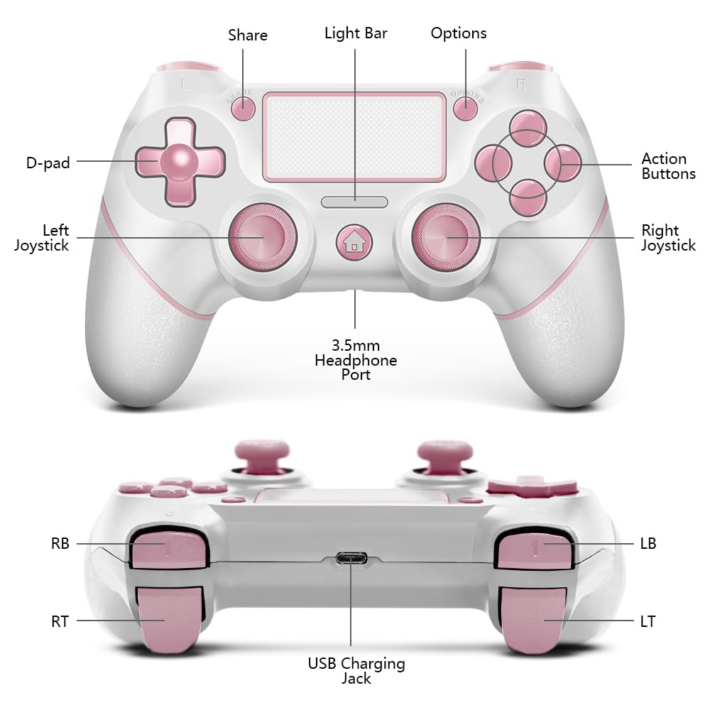 Custom Wireless Controller for PS4 with Non-Slip Grip and Audio Jack (Pink-White)