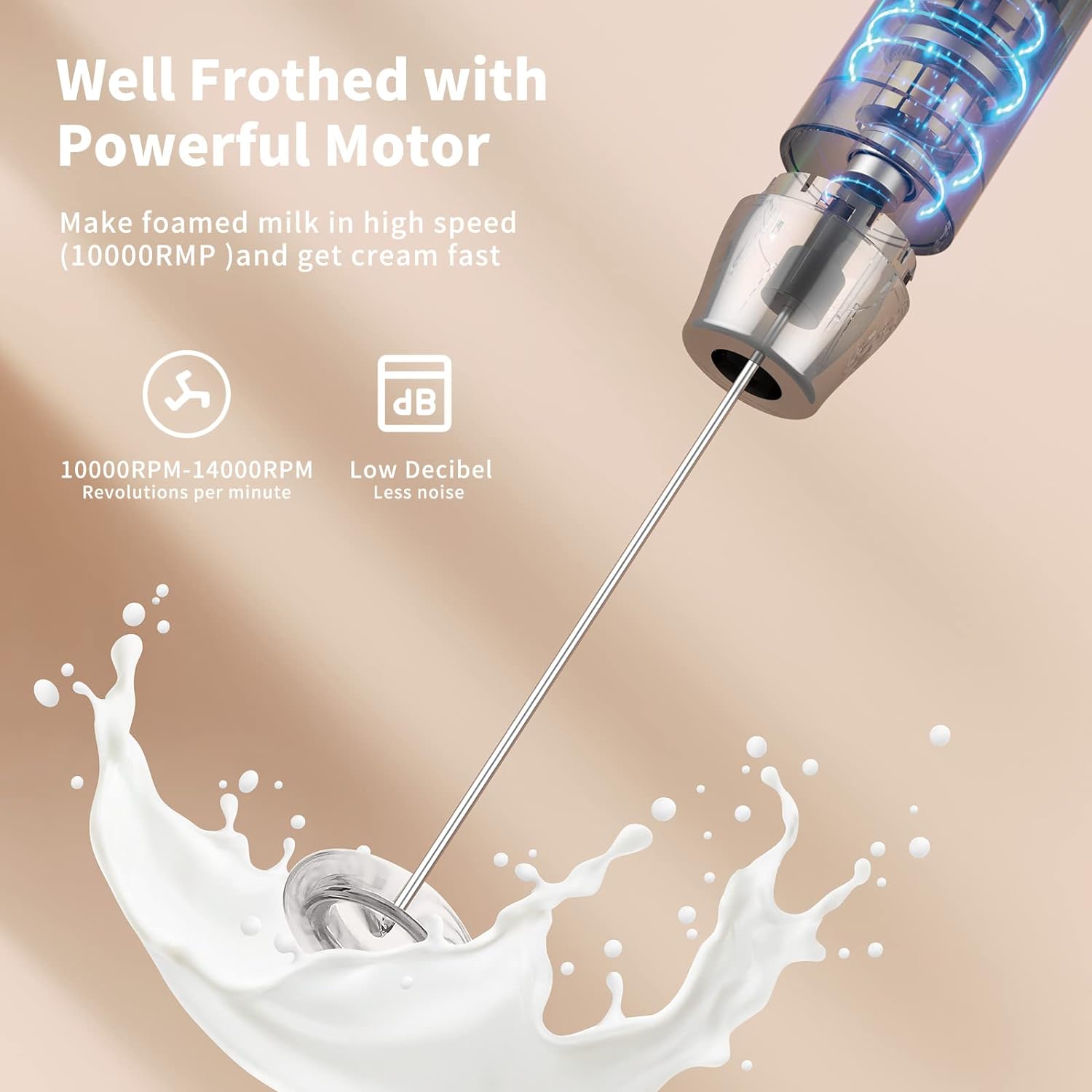 Rechargeable Handheld Milk Frother with Detachable Stainless Steel Whisk