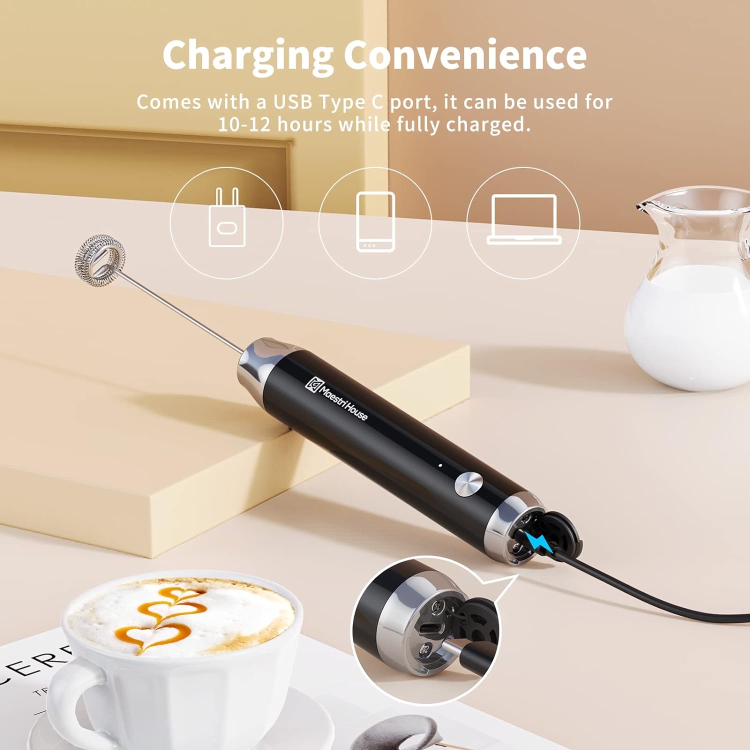 Rechargeable Handheld Milk Frother with Detachable Stainless Steel Whisk