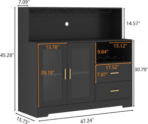 Wine Bar Cabinet with LED Light, Wine & Glass Rack, Storage & Drawers, Black