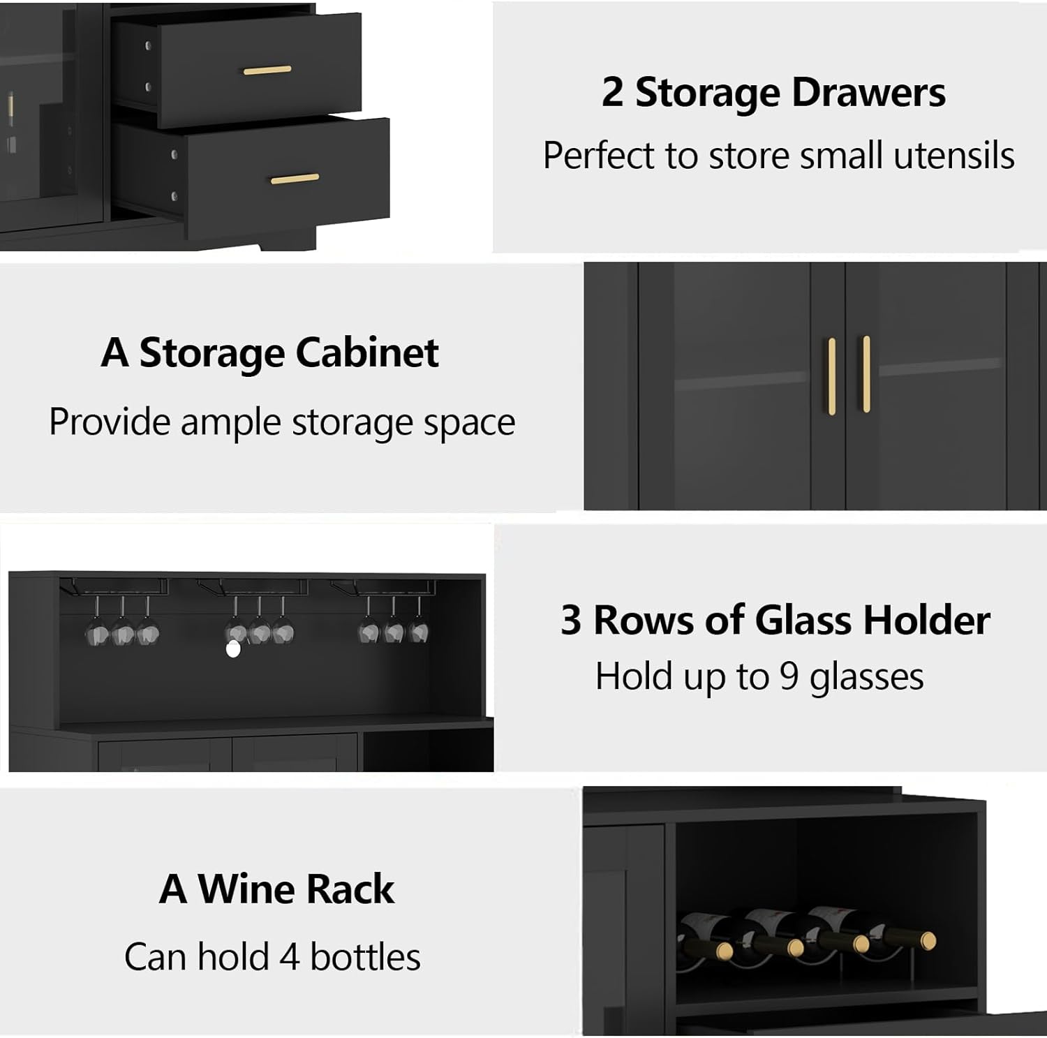 Wine Bar Cabinet with LED Light, Wine & Glass Rack, Storage & Drawers, Black