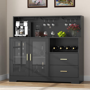 Wine Bar Cabinet with LED Light, Wine & Glass Rack, Storage & Drawers, Black