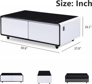 Smart Coffee Table with Fridge, Bluetooth Speakers, Wireless Charger, Touch Control, and USB Ports - 135 White