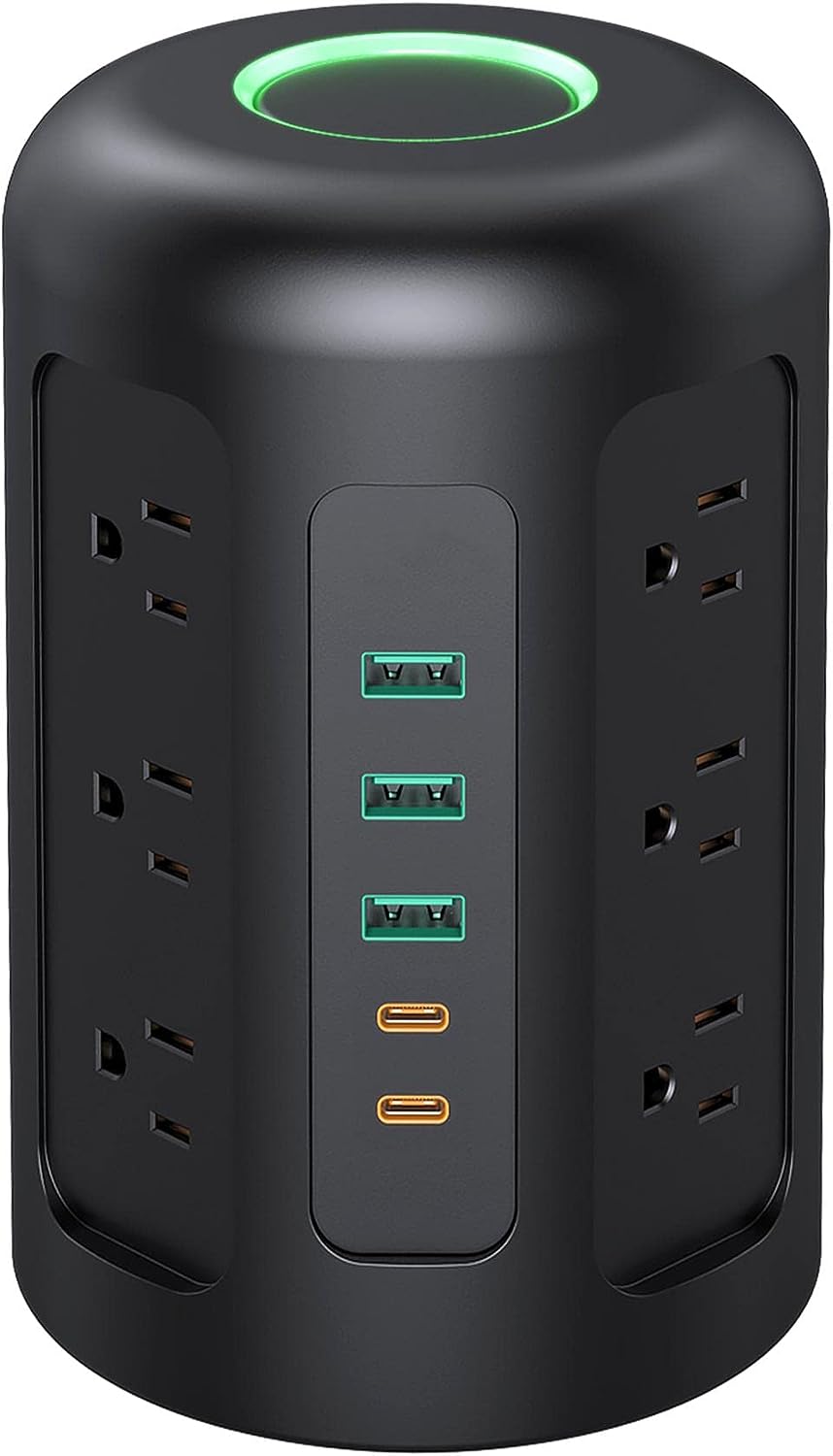 20W USB C Power Strip Tower with 12 AC Outlets, Surge Protection, 5FT Cord, Black