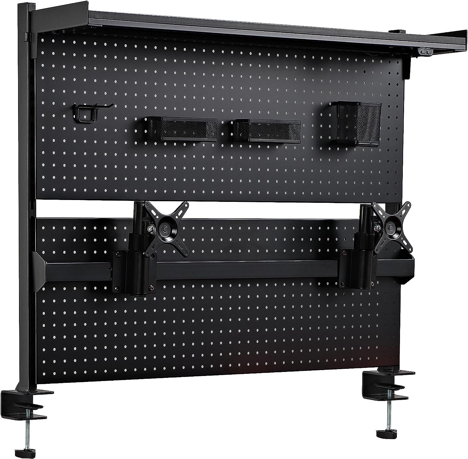 Desk Pegboard with Dual Monitor Stand, Steel Privacy Panel, Modular Hanging Accessories, 43"x34", Black