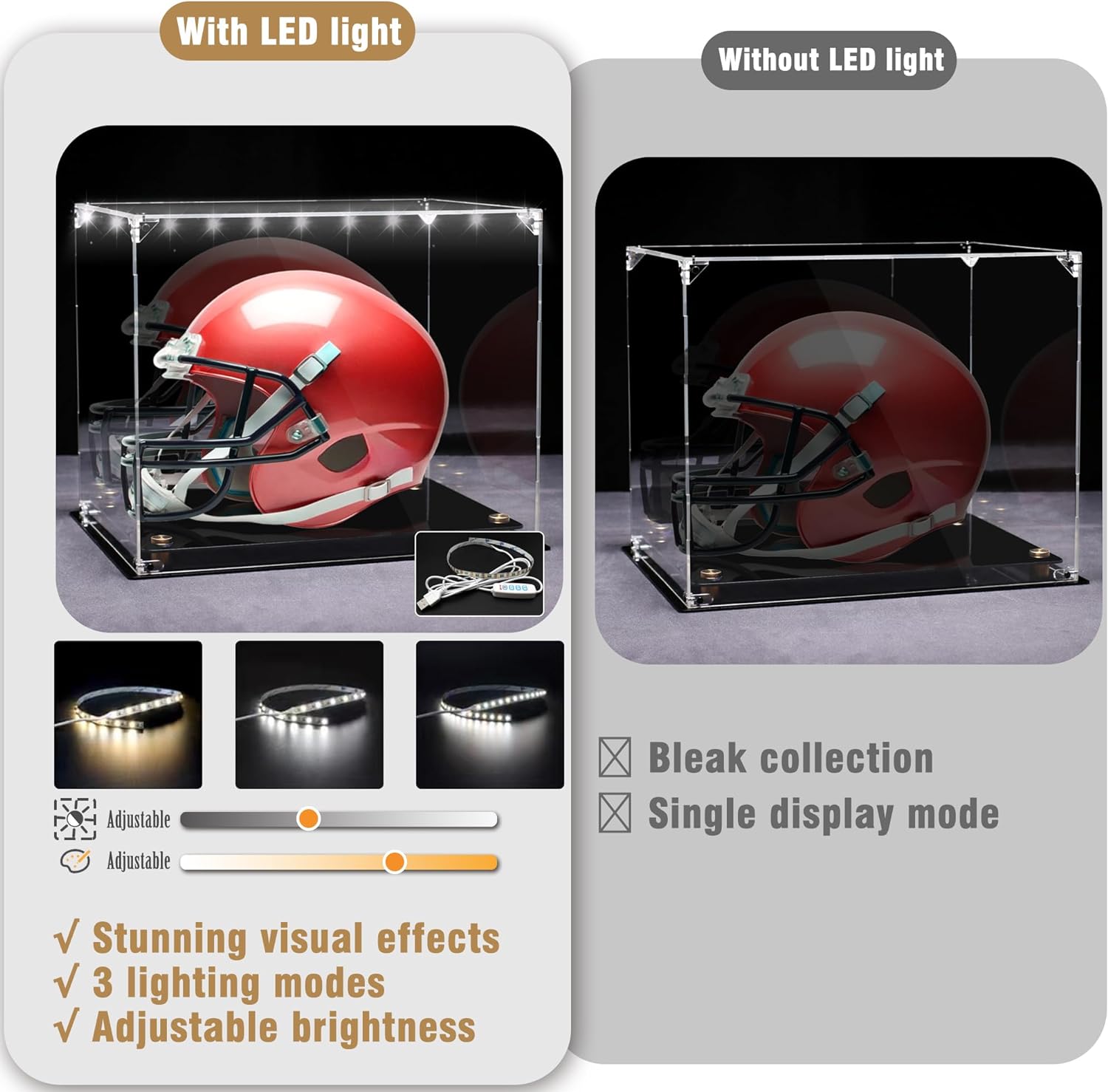 Premium Football Helmet Display Case with LED Lights and Gold Risers