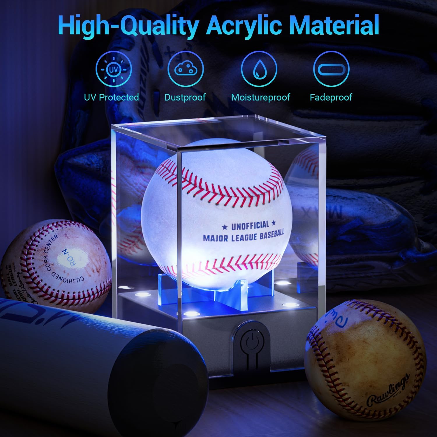 Acrylic Baseball Display Case with LED Light, UV Protected, 1 Pc