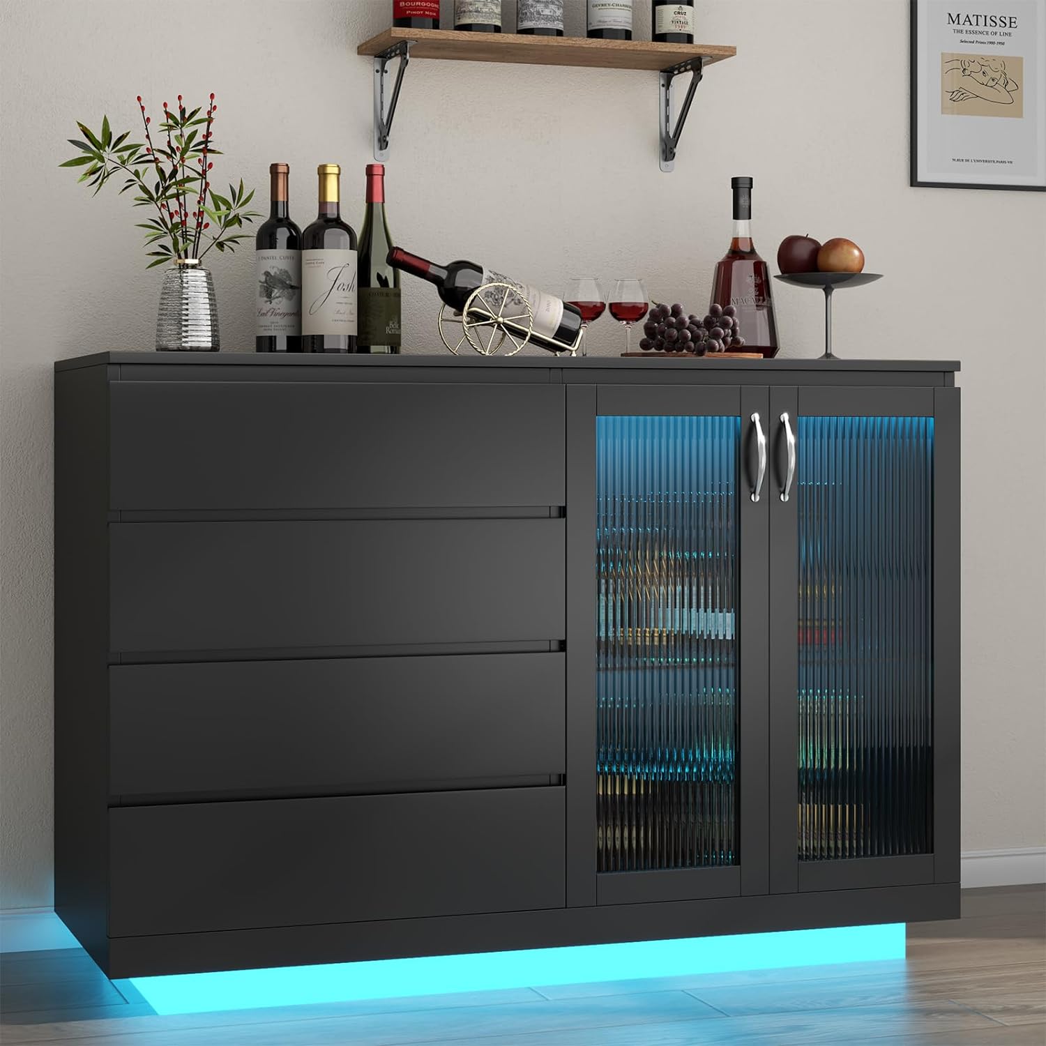 Wine Bar Cabinet with LED Lights, 4 Drawers, Adjustable Shelf, Black