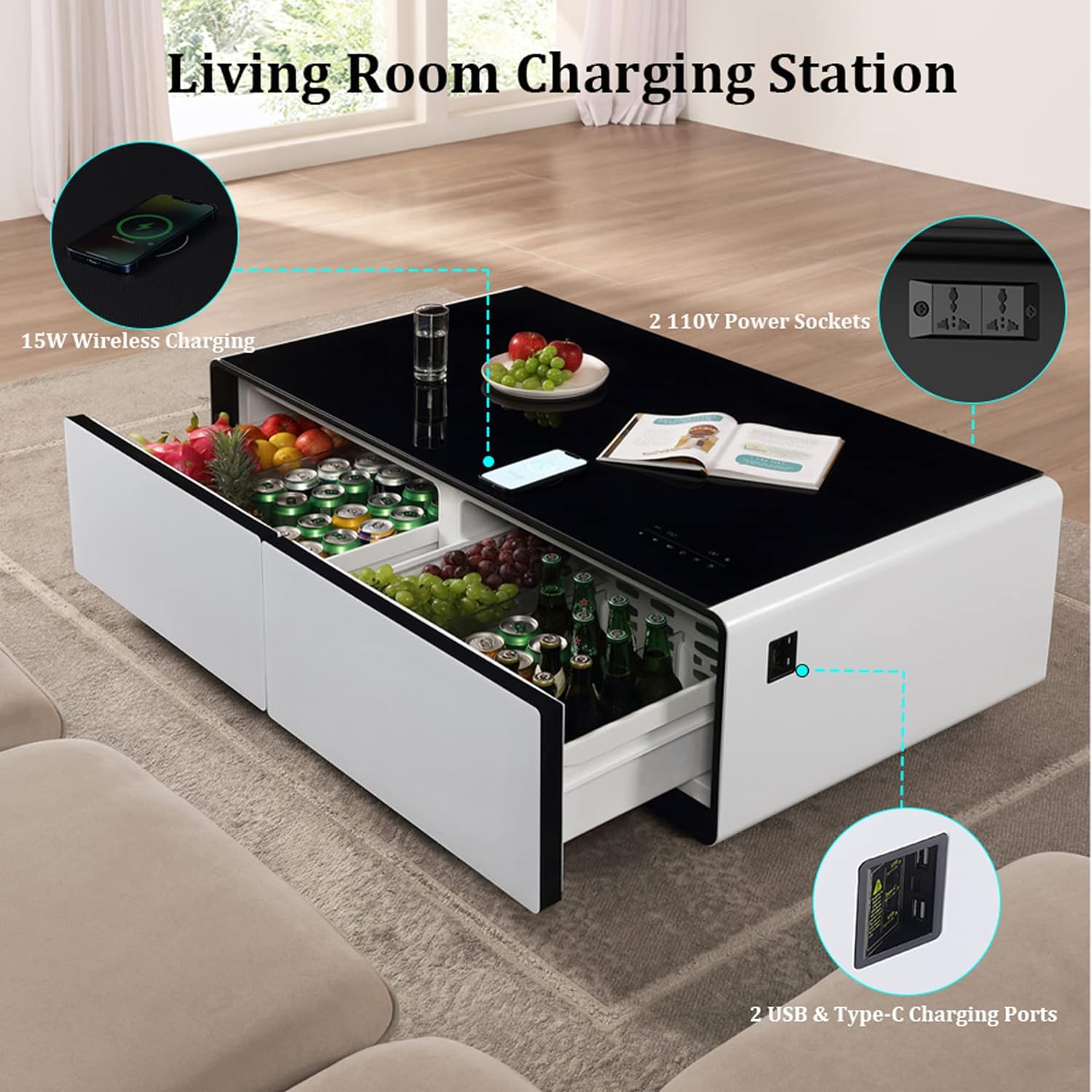 Smart Coffee Table with Fridge, Bluetooth Speakers, Wireless Charger, Touch Control, and USB Ports - 135 White