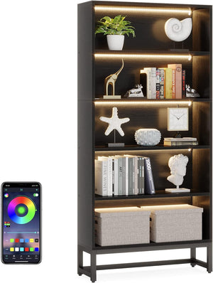 Black Tall Bookcase with LED Lights, 70.8” Free-Standing 5-Tier Shelves for Living Room, Bedroom