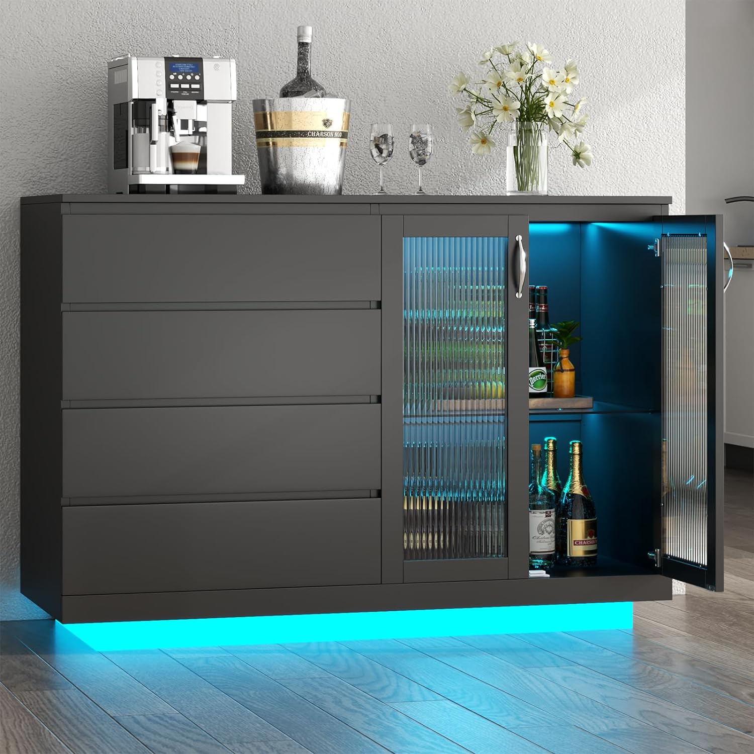 Wine Bar Cabinet with LED Lights, 4 Drawers, Adjustable Shelf, Black