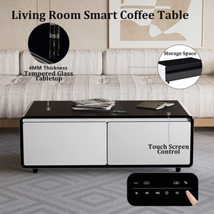 Smart Coffee Table with Fridge, Bluetooth Speakers, Wireless Charger, Touch Control, and USB Ports - 135 White