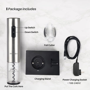 Electric Wine Opener with Foil Cutter, Rechargeable (Stainless Steel)