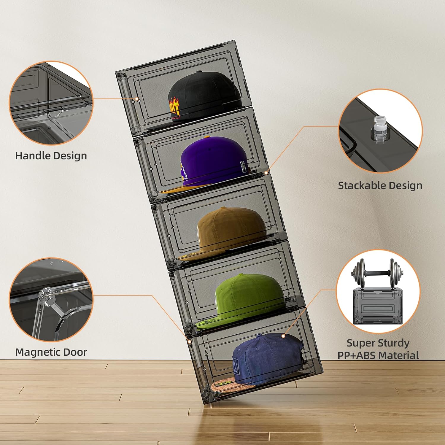 Stackable Hat Organizer Box with Magnetic Door, 6 Pack, Black