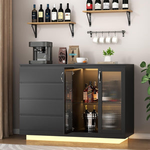 Wine Bar Cabinet with LED Lights, 4 Drawers, Adjustable Shelf, Black