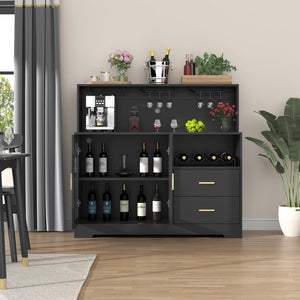 Wine Bar Cabinet with LED Light, Wine & Glass Rack, Storage & Drawers, Black