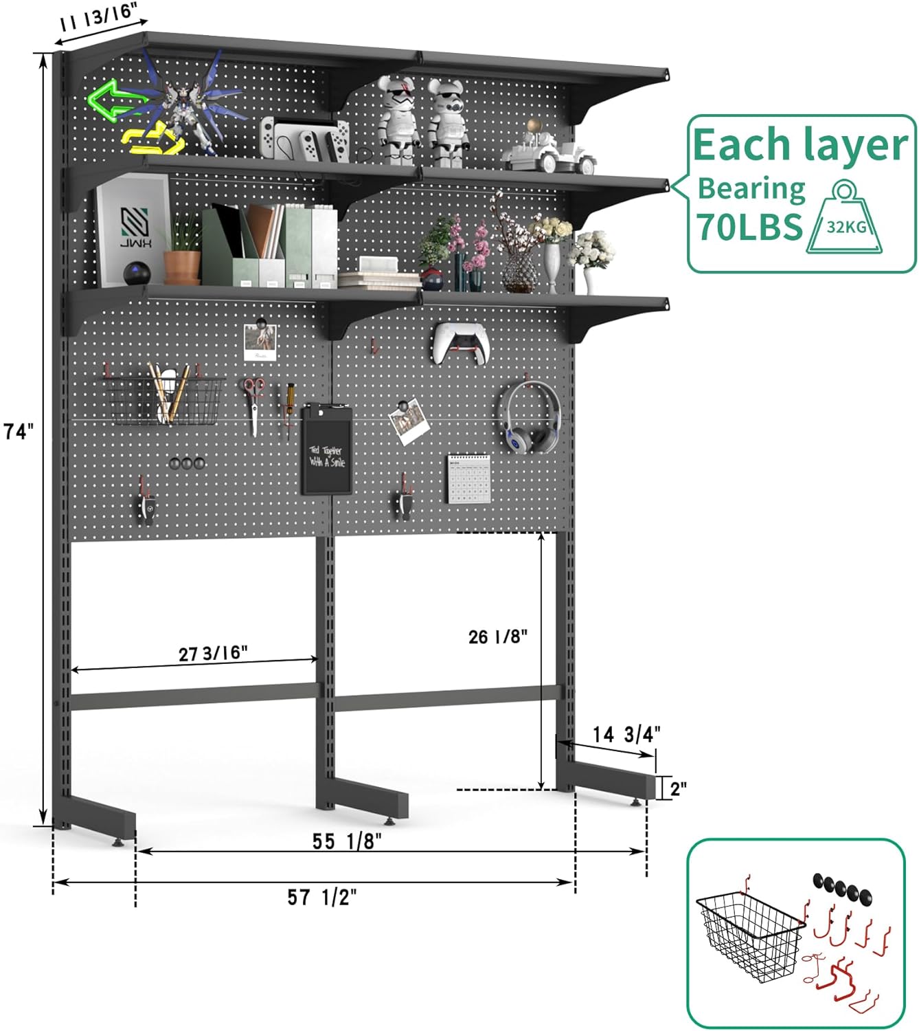 DDB Gaming Pegboard Shelf System with 15 Organizer Tool Holders