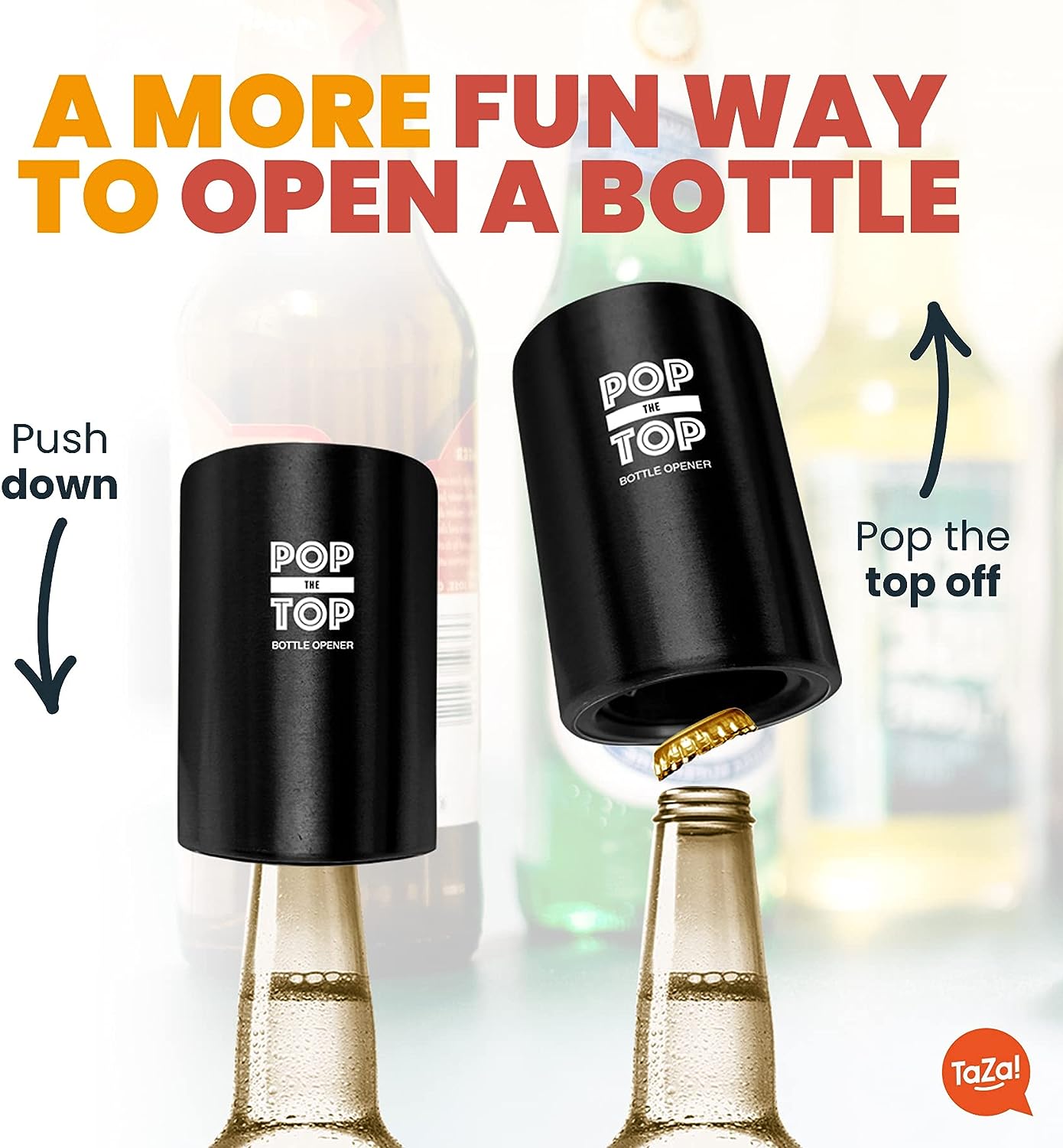 Pop-The-Top Automatic Beer Bottle Opener (Black) - Push Down Cap Remover