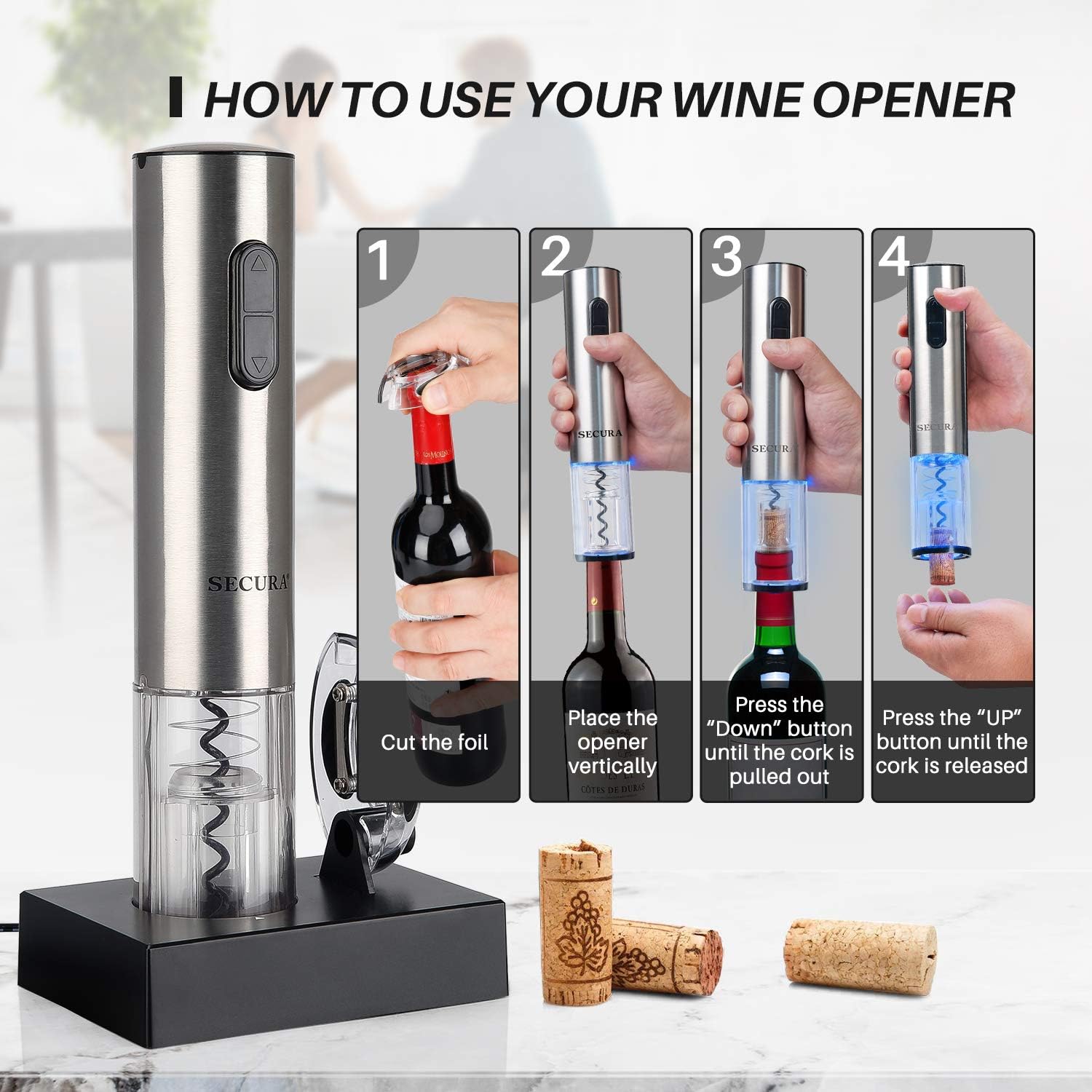 Electric Wine Opener with Foil Cutter, Rechargeable (Stainless Steel)