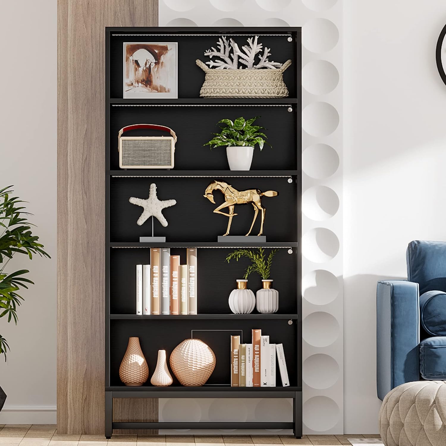 Black Tall Bookcase with LED Lights, 70.8” Free-Standing 5-Tier Shelves for Living Room, Bedroom