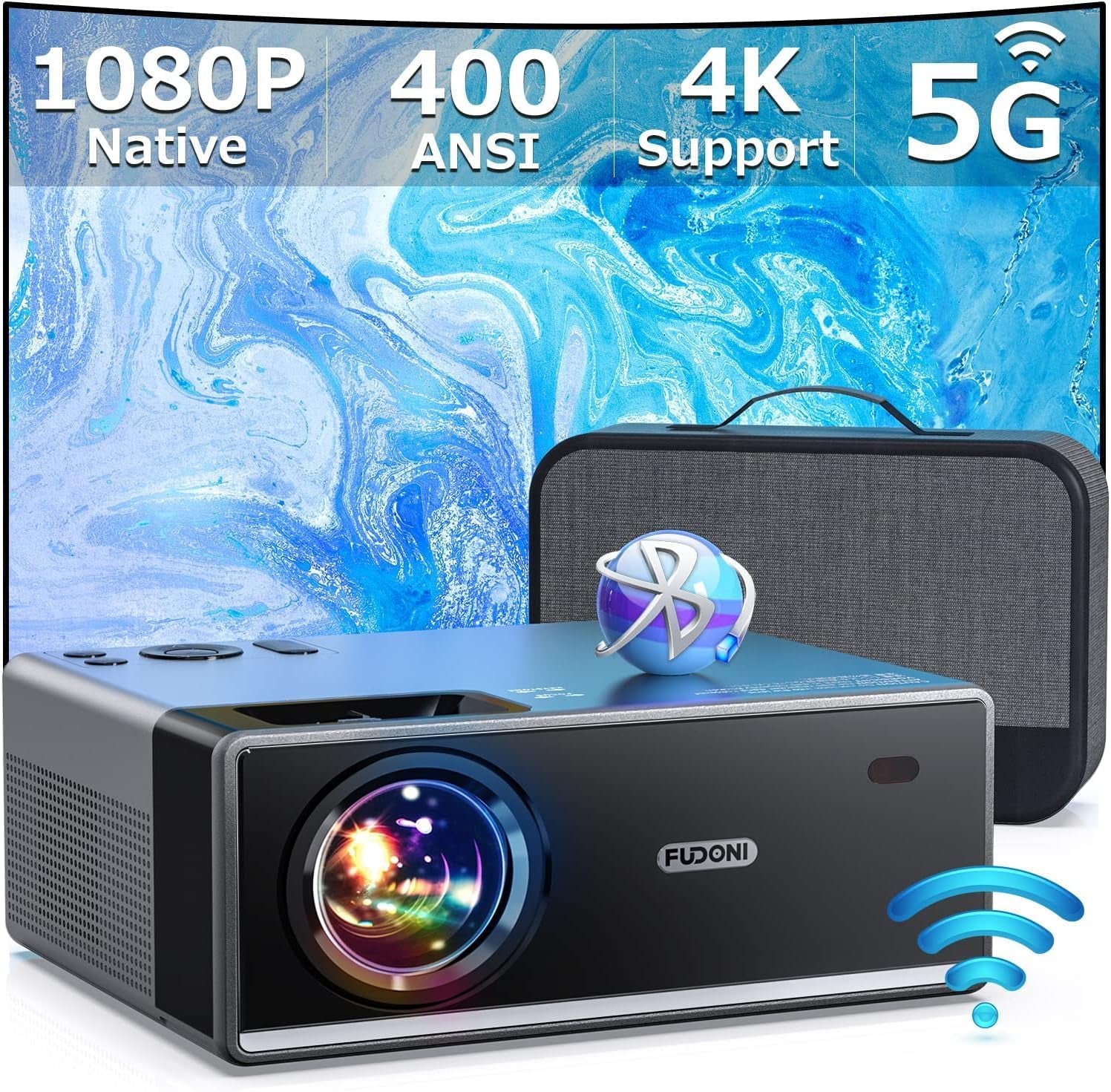 Projector with 5G Wifi and Bluetooth, 1080P 15000L Outdoor Projector with HDMI and USB, Max 300" Display Zoom Function for Movies & Gaming, Compatible with TV Stick/Phone/Laptop