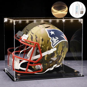 Premium Football Helmet Display Case with LED Lights and Gold Risers