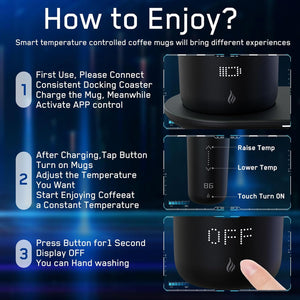 Smart Heated Travel Coffee Mug, 12 Oz, App Controlled, 5-Hour LED Display, Wireless Charger, Black