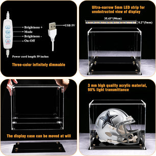 Premium Football Helmet Display Case with LED Lights and Gold Risers