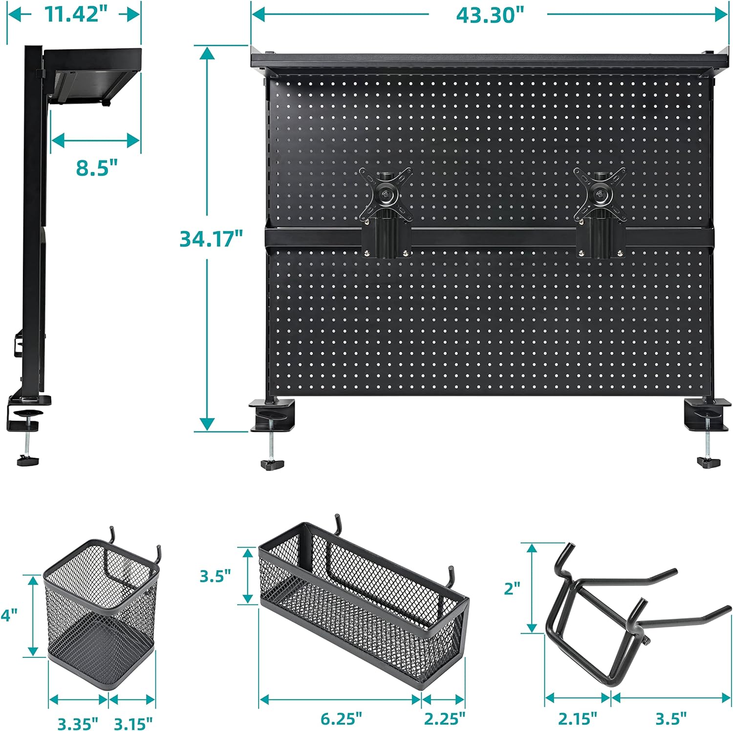 Desk Pegboard with Dual Monitor Stand, Steel Privacy Panel, Modular Hanging Accessories, 43"x34", Black