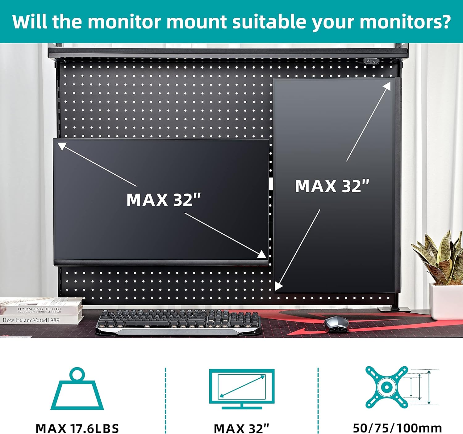 Desk Pegboard with Dual Monitor Stand, Steel Privacy Panel, Modular Hanging Accessories, 43"x34", Black