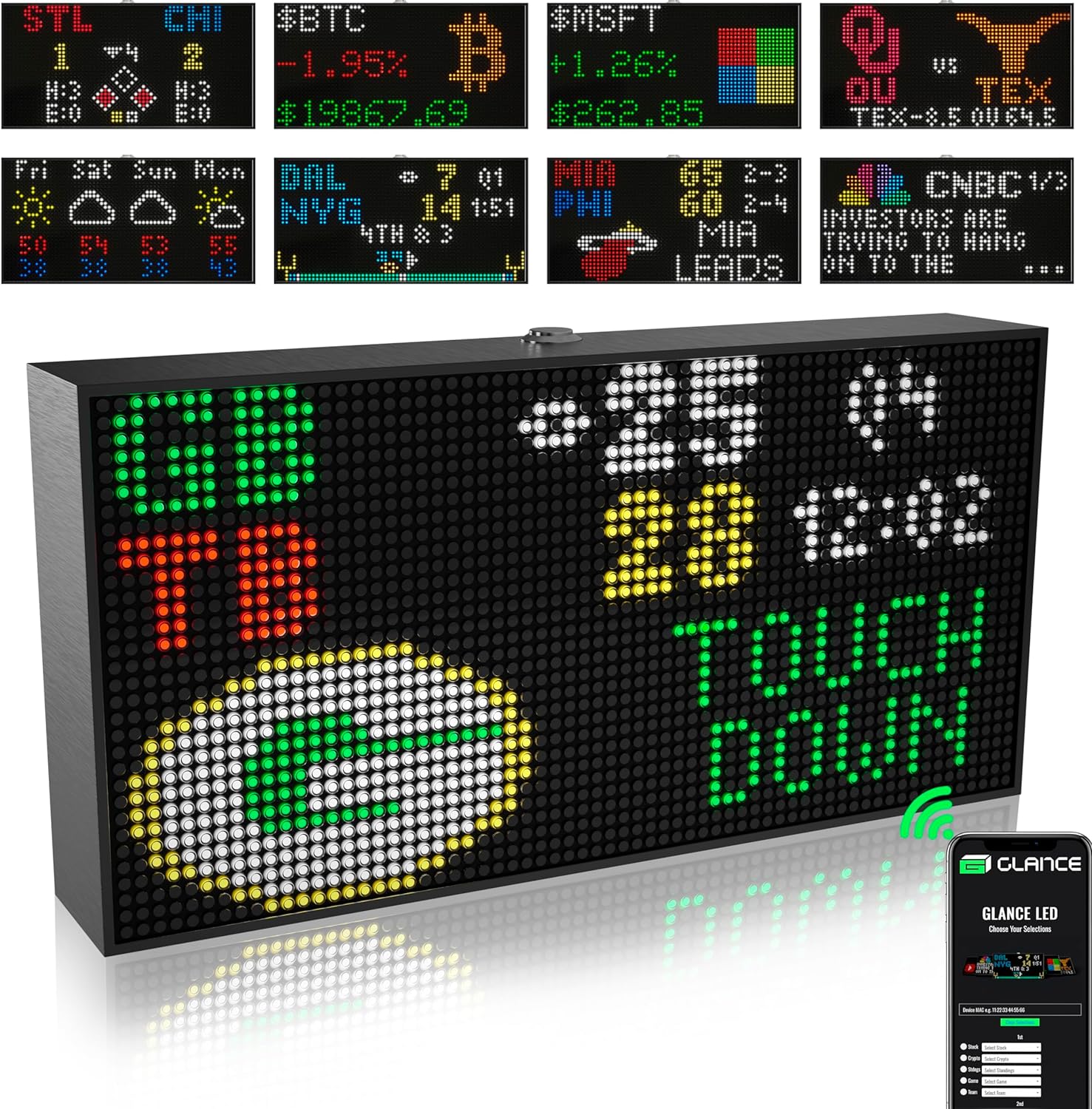 Glance LED – Customizable LED Ticker, Smart Clock, Weather, News, and Custom Messaging, Wifi Enabled