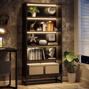 Black Tall Bookcase with LED Lights, 70.8” Free-Standing 5-Tier Shelves for Living Room, Bedroom