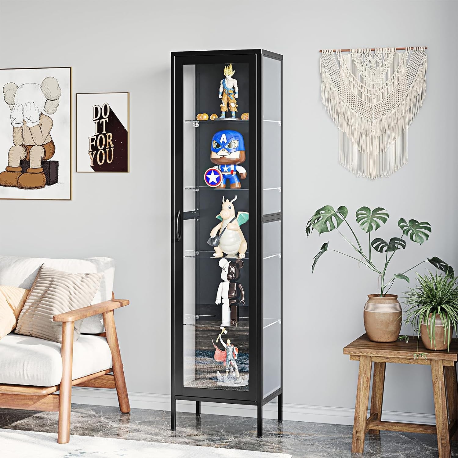 Black Metal Glass Display Cabinet with Adjustable Shelves, 71" X 18" X 14"